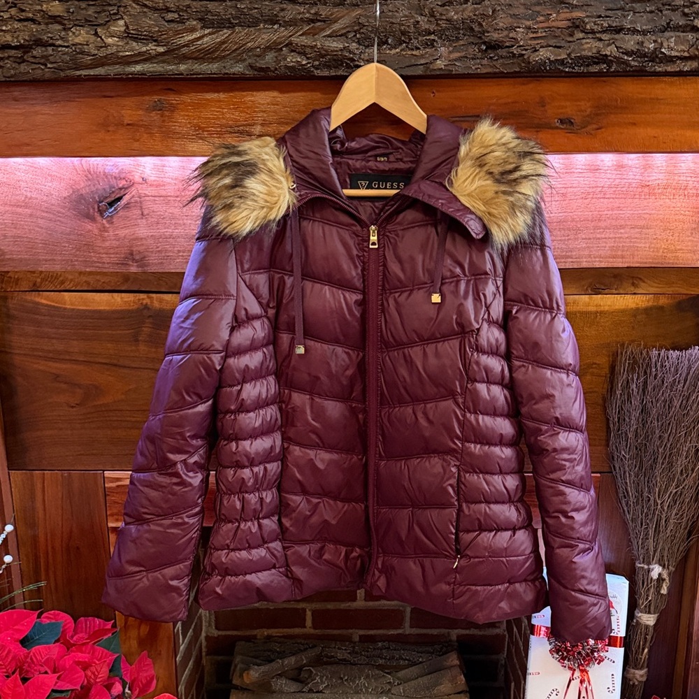 Guess Maroon Quilted Jacket with Faux Fur Trim